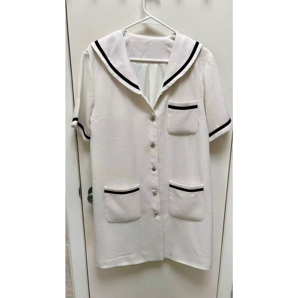 White Nautical Sailor Mini Dress Short Sleeve Button Shift Pockets Women Size L
